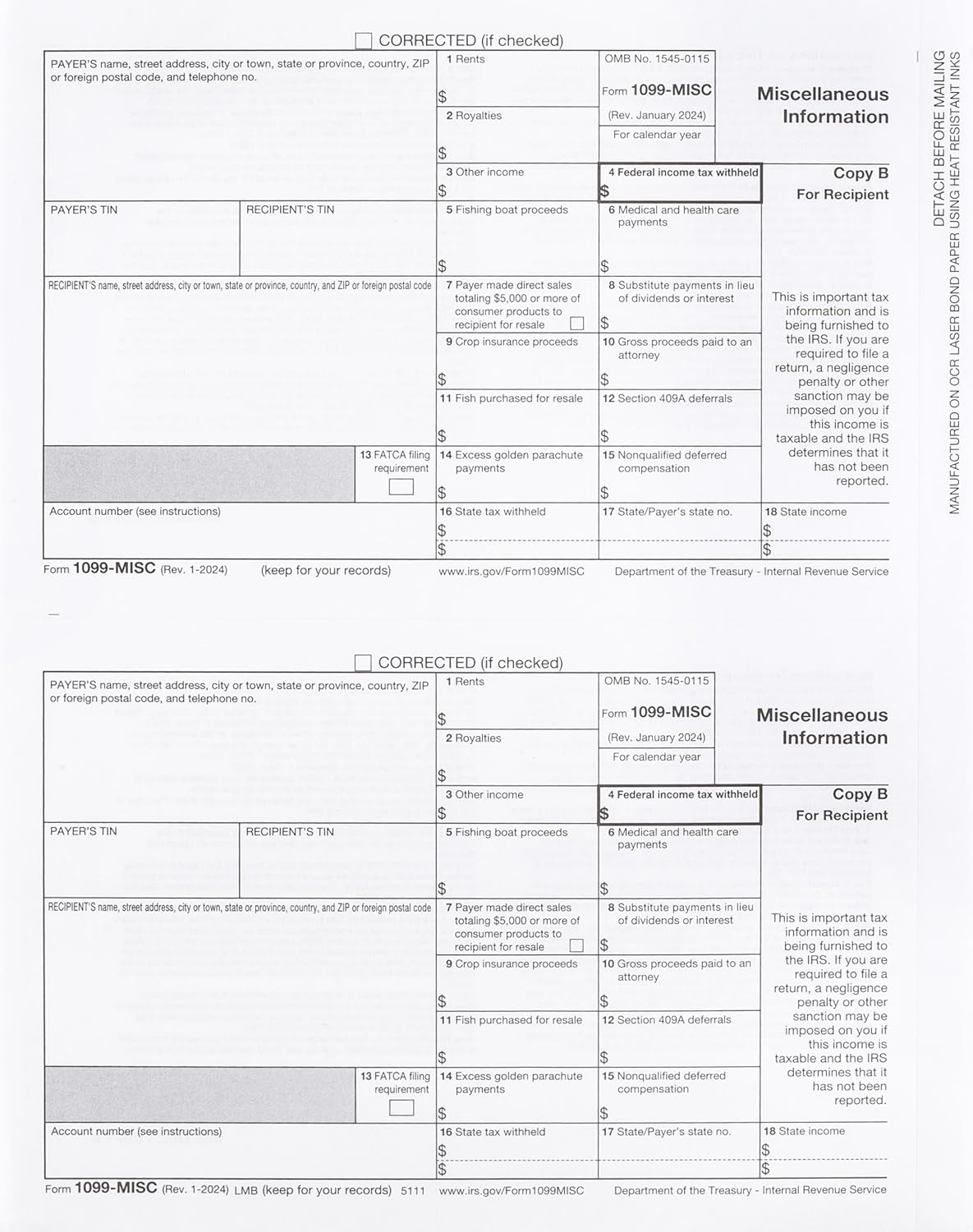 2024 1099-MISC Income Set 4-Part, And 1096, Self Seal Envelopes, Kit For 25 Vendors