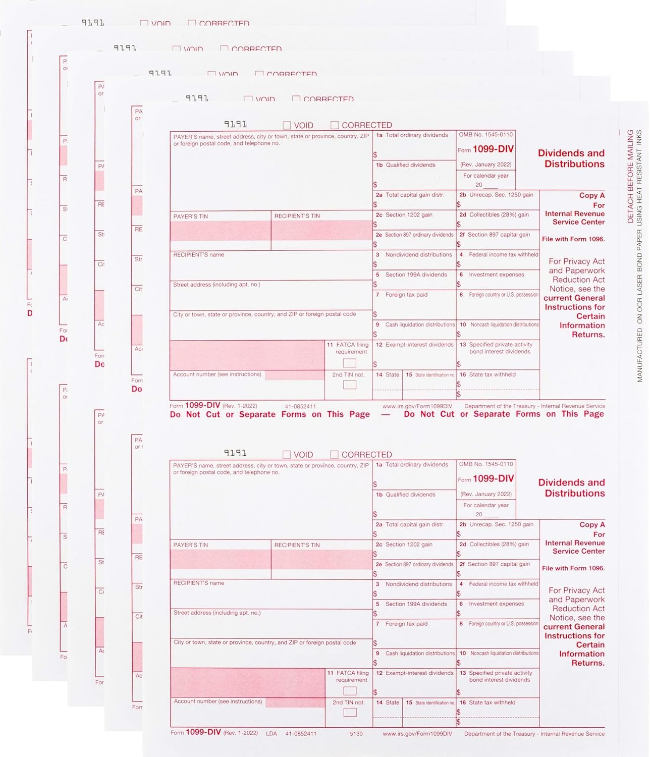 1099-DIV Income, Laser Tax Form, Federal Copy A ~Pack of 25 Forms 2024