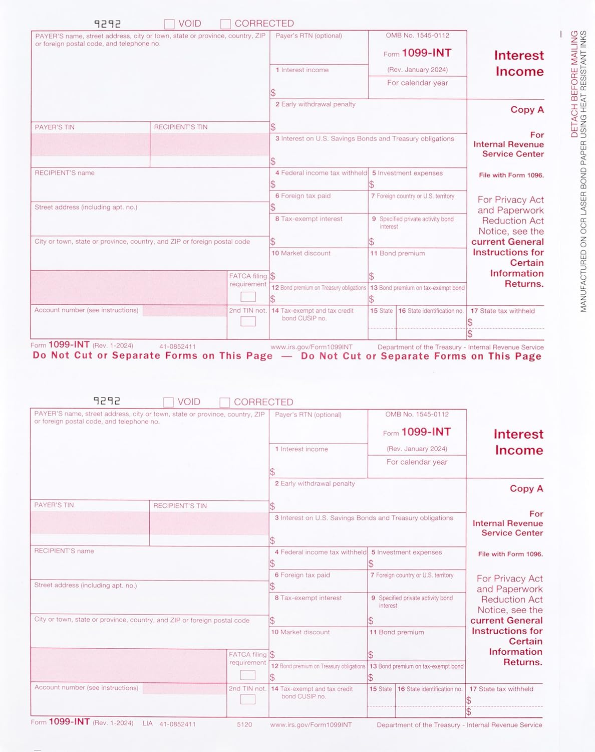 1099 INT Copy A 2024 Interest Income Forms, 100 Pack Laser Tax Forms, Great for QuickBooks and Accounting Software