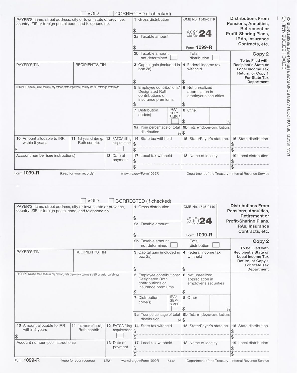 1099-R (distributions) Laser Set 4-Part, Pack for 25, Federal and State Copies (2 Forms on a Sheet) 2024