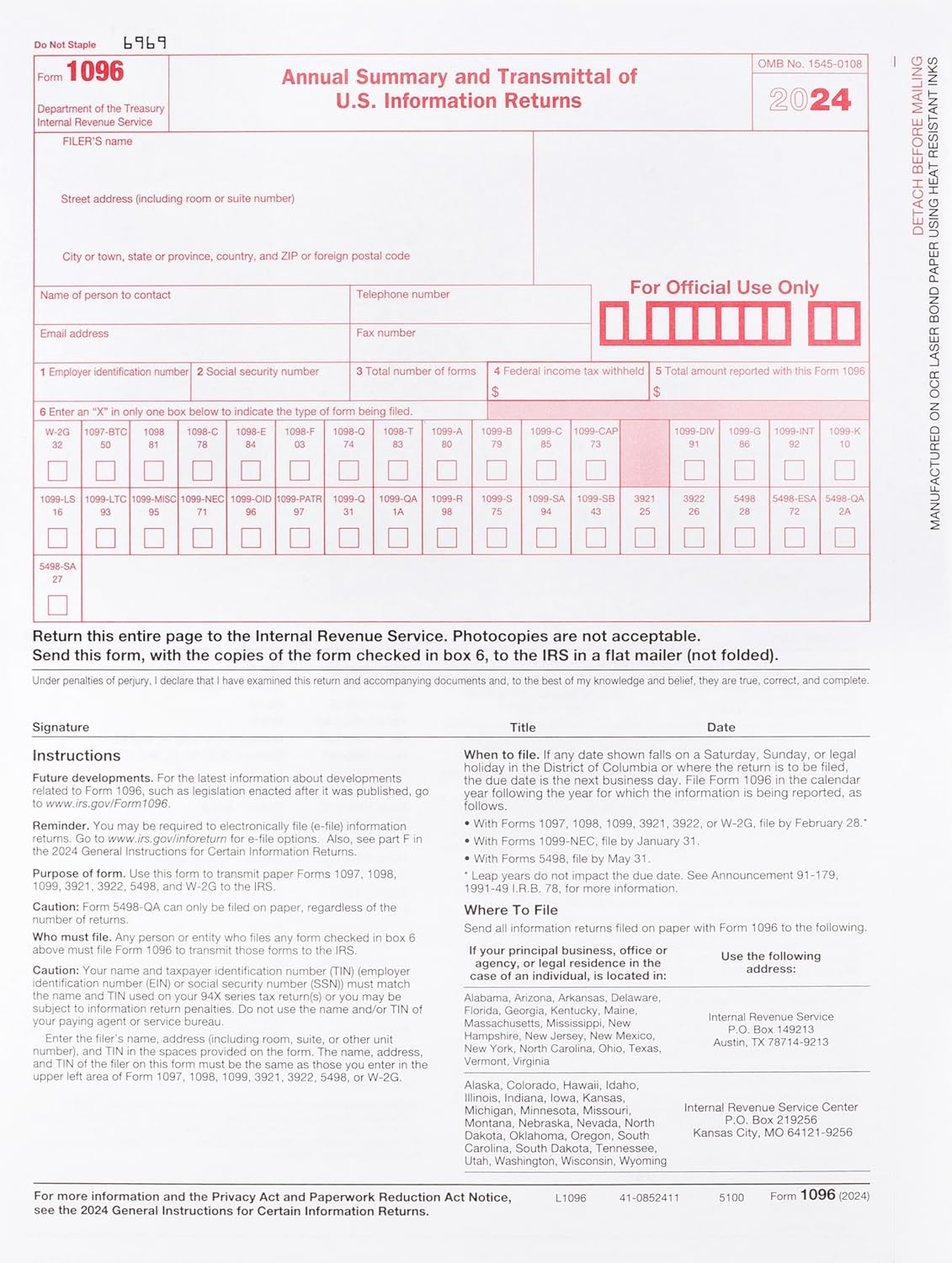 2024 1099-MISC Income Set 4-Part, And 1096, Self Seal Envelopes, Kit For 25 Vendors