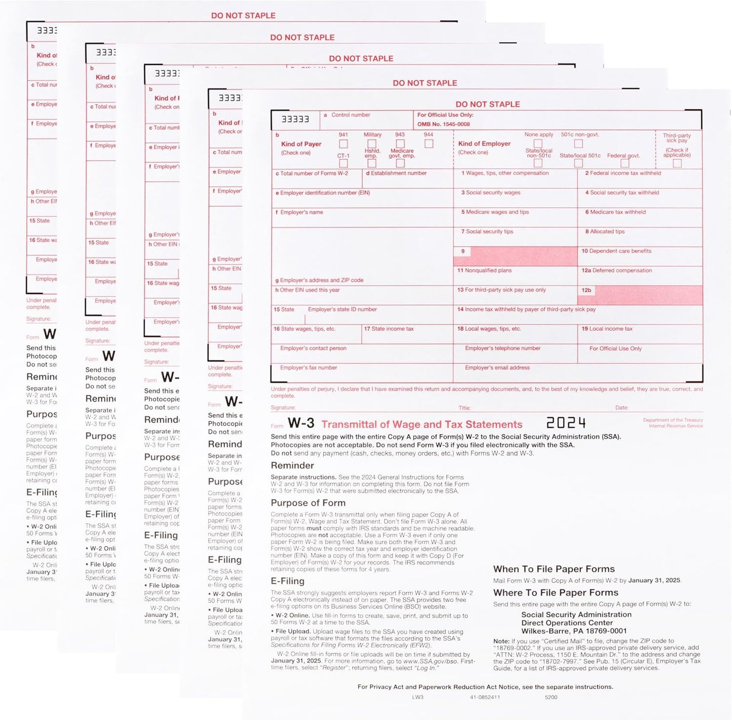 W-3 Tax Transmittal Form 2024 Pack of 10 Laser Forms Summary for Transmittal of Wage and Tax Statements, W3 IRS Approved,W-3 Forms Designed for QuickBooks and Accounting Software W-3 2024