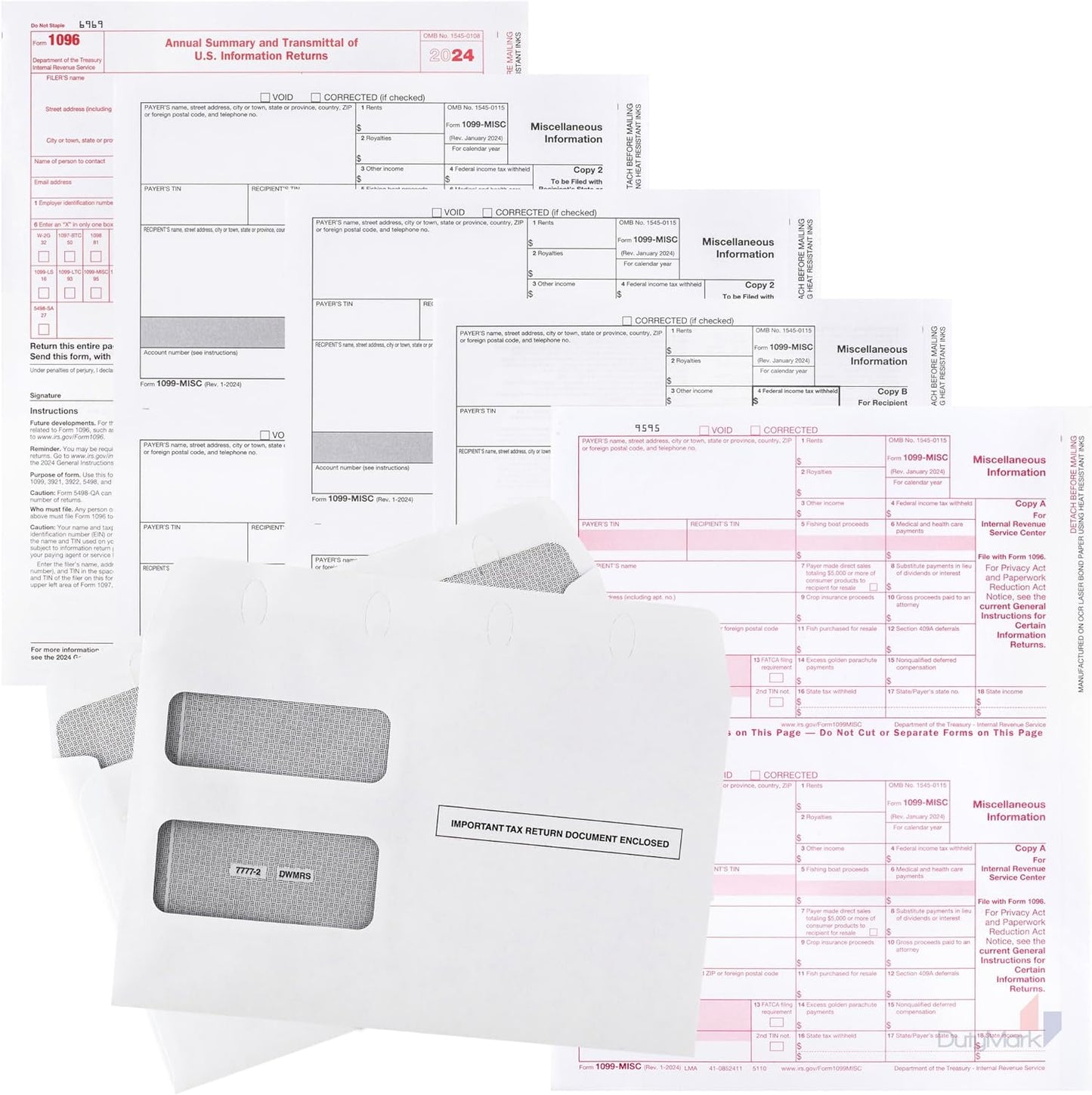 Dutymark 1099 Misc Forms 2024, 4 Part Laser Tax Forms Kit for 25 Vendor with 25 Self-Seal Envelopes, Designed for QuickBooks and Accounting Software