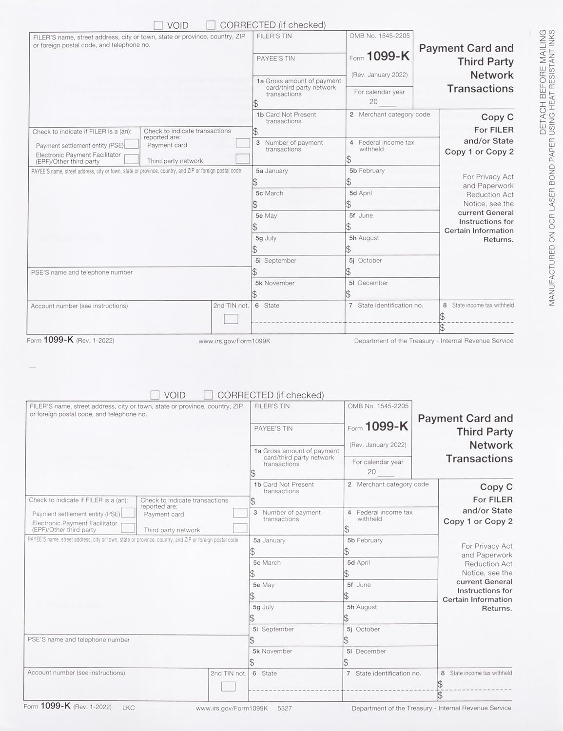 1099 K Copy C Filer and/or State/Copy 1, 2 Lazer Tax Forms, Pack of 100 Forms (500 Fheets)