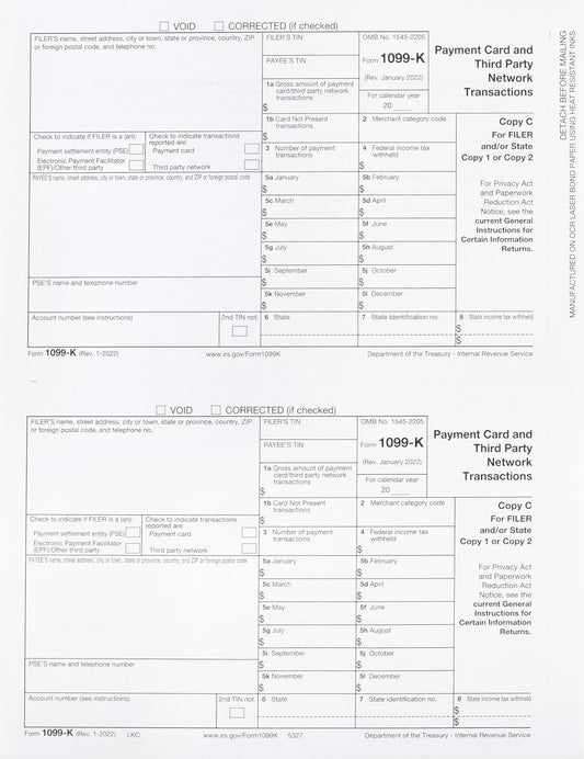 1099 K Copy C Filer and/or State/Copy 1, 2 Lazer Tax Forms, Pack of 100 Forms (500 Fheets)