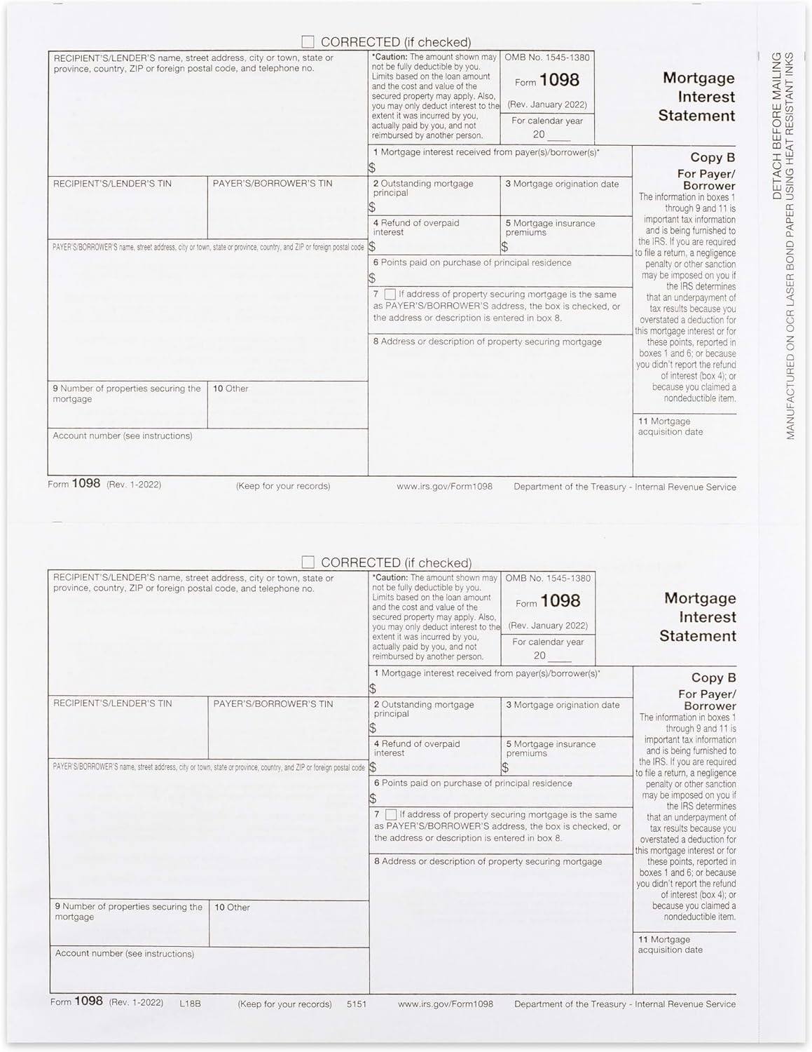 1098 Mortgage Interest -3 Part- Laser Form, Federal Set for 25, 2024