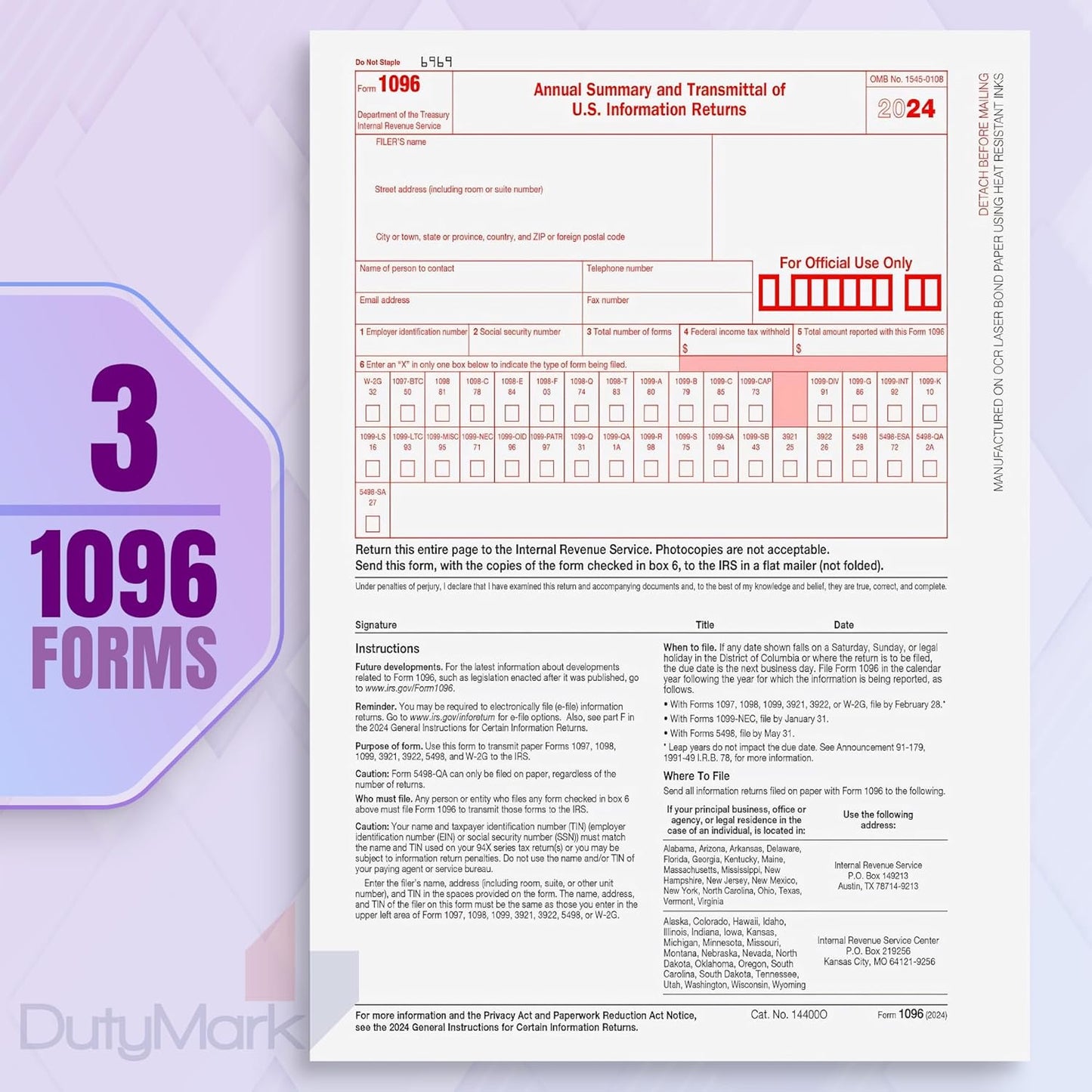 Dutymark 1099 NEC Tax Forms 2024, for 25 Recipients 4 Part Laser Tax Forms Kit, 3 1096 Forms, 25 Security Self Seal Envelopes, Great for QuickBooks and Accounting Software, 2024 1099 NEC