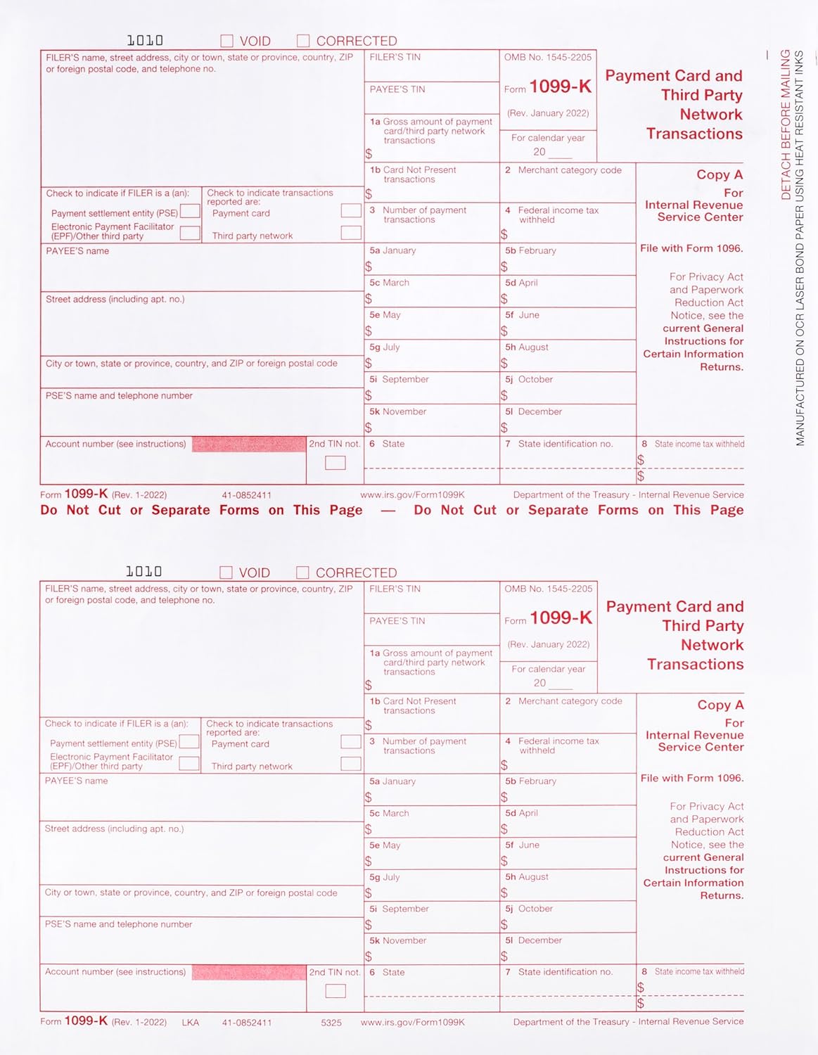 Laser 1099-K Copy A, IRS Federal Copy A Tax Form, PSE File Form, Pack of 100 Forms, (50 Sheets)