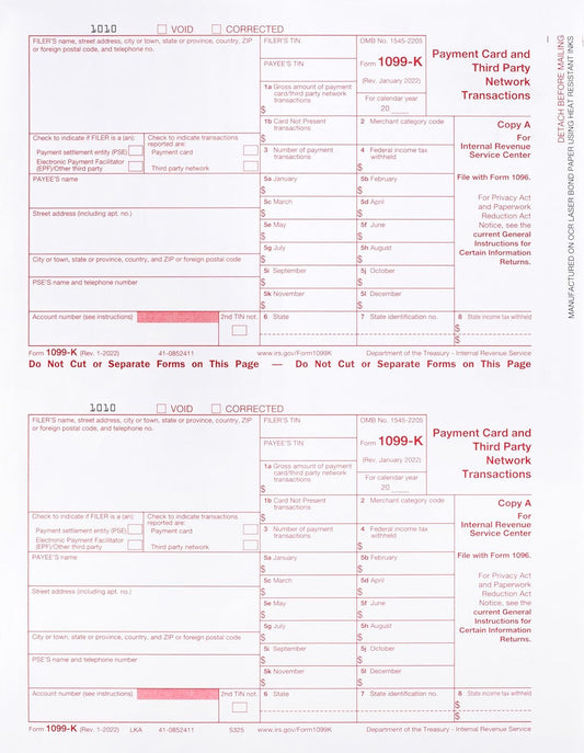 Laser 1099-K Copy A, IRS Federal Copy A Tax Form, PSE File Form, Pack of 100 Forms, (50 Sheets)