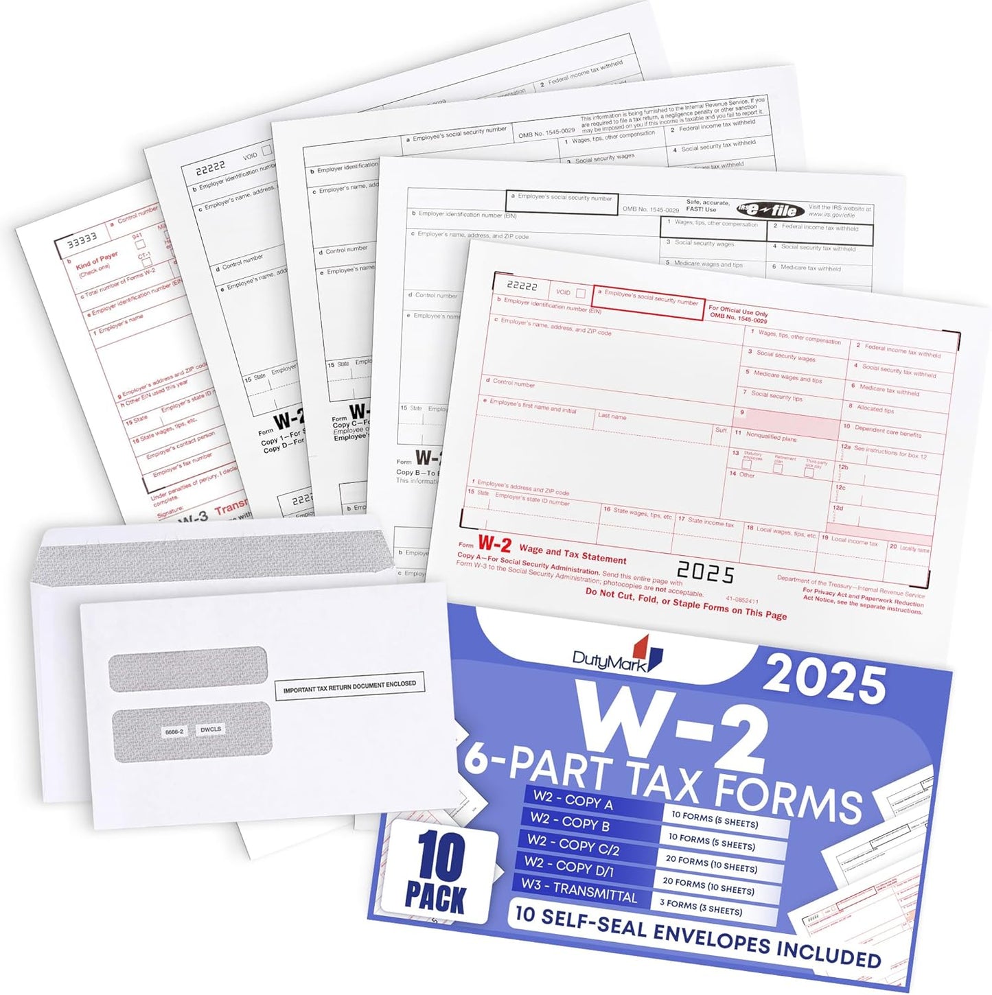 2025 W-2 Forms, 6-Part Kit for 50 Employees with W-3 & 50 Envelopes