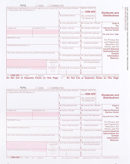 1099 DIV Copy A Income 2024, Laser Tax Form, Federal Pack of 100