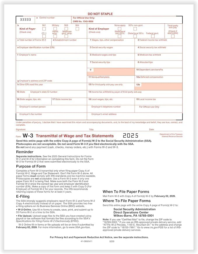2025 W-3 Transmittal Forms, 10 Pack